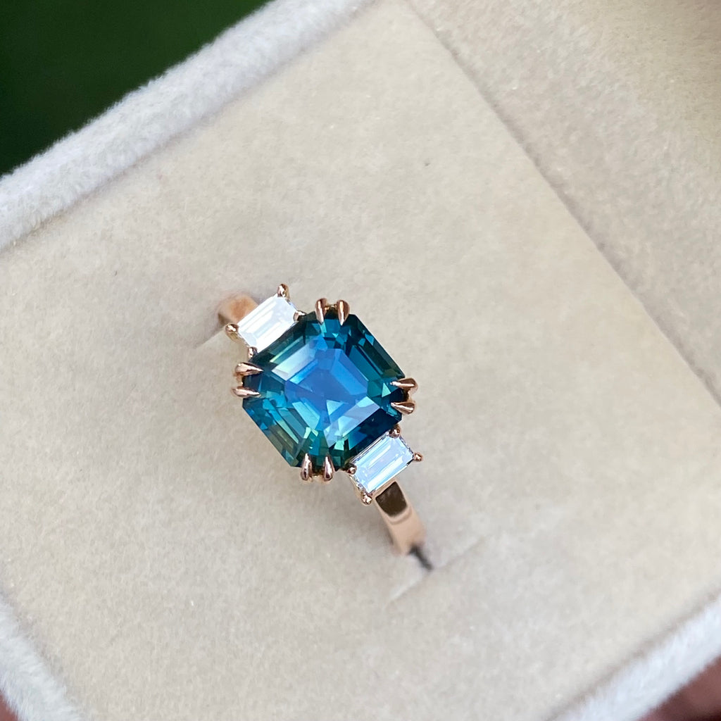 3 carat Teal Sapphire Engagement Ring 14K Rose Gold