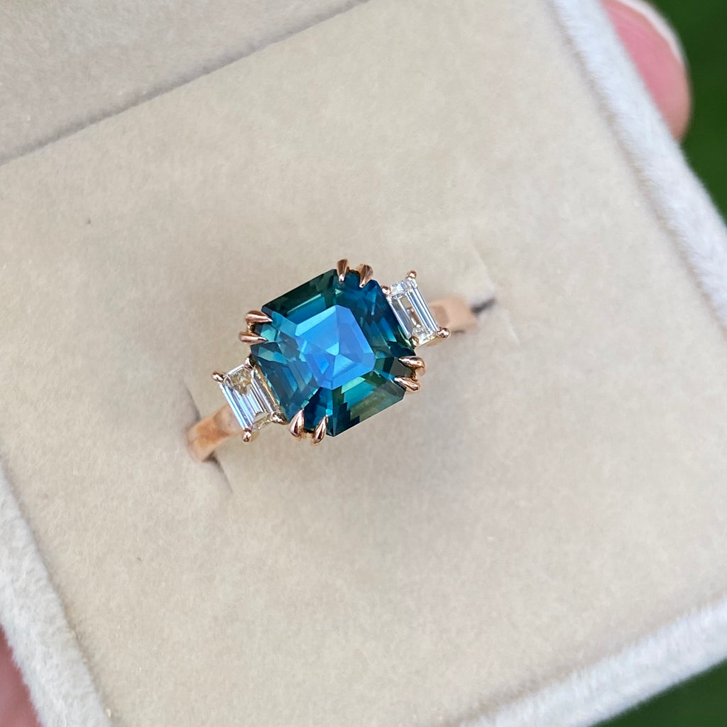 3 carat Teal Sapphire Engagement Ring 14K Rose Gold