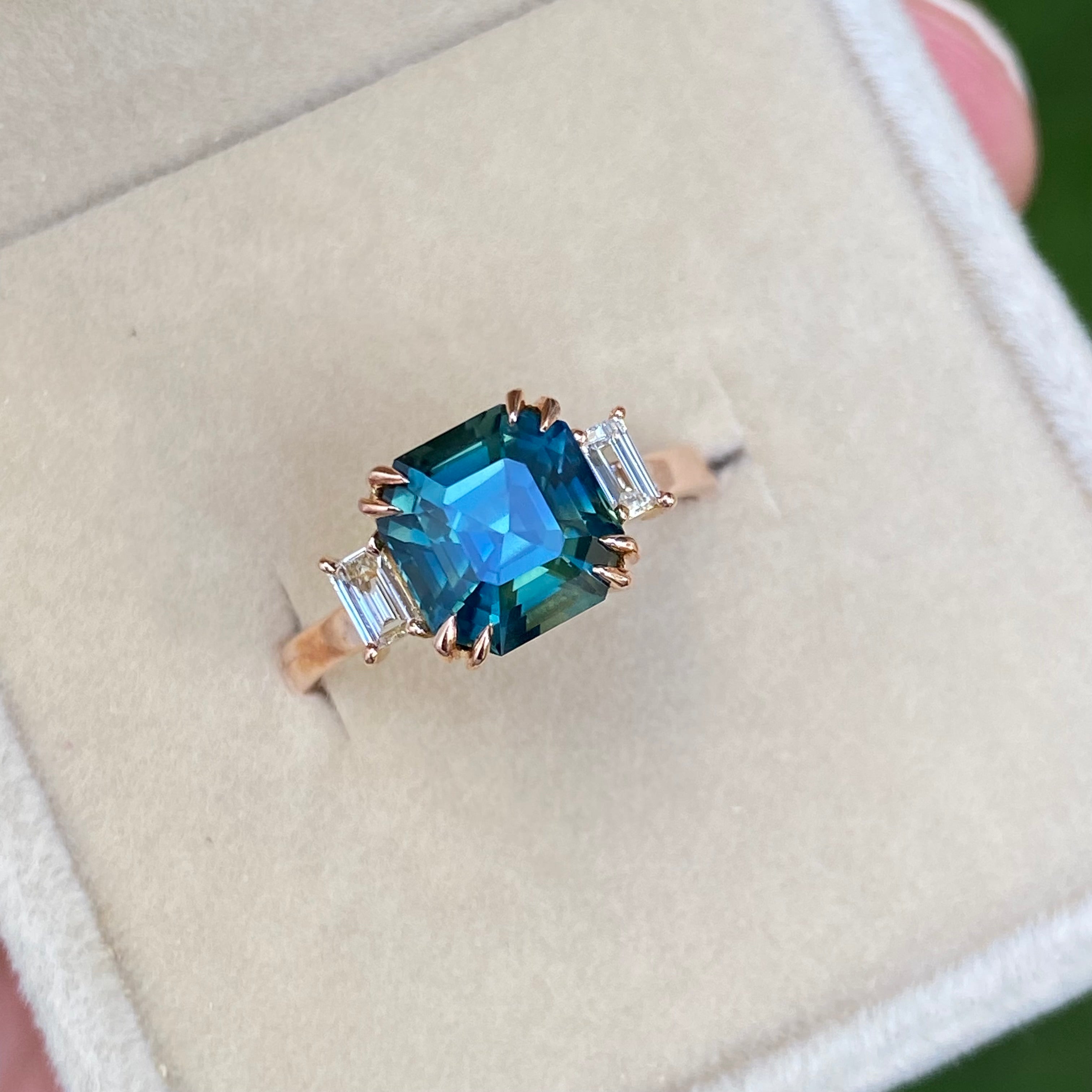 3 carat Teal Sapphire Engagement Ring 14K Rose Gold