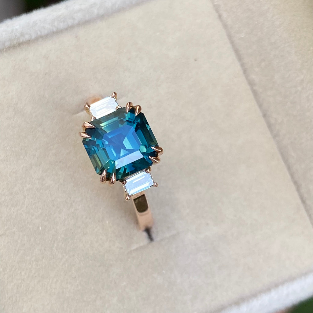3 carat Teal Sapphire Engagement Ring 14K Rose Gold
