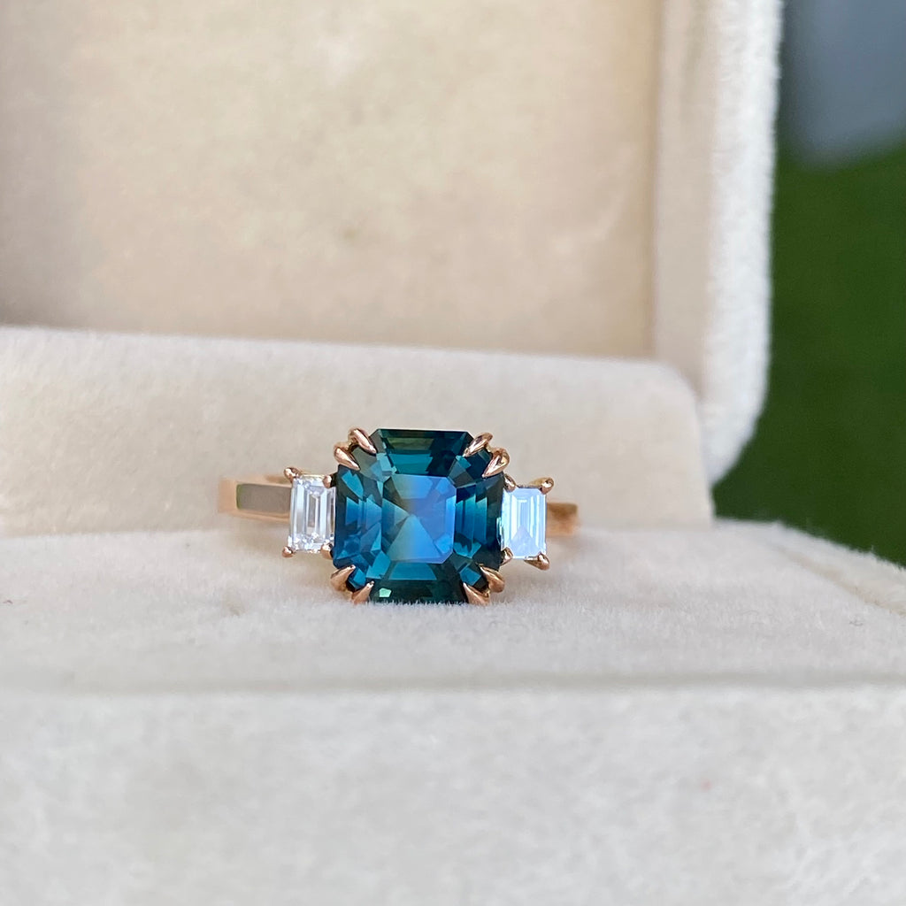 3 carat Teal Sapphire Engagement Ring 14K Rose Gold
