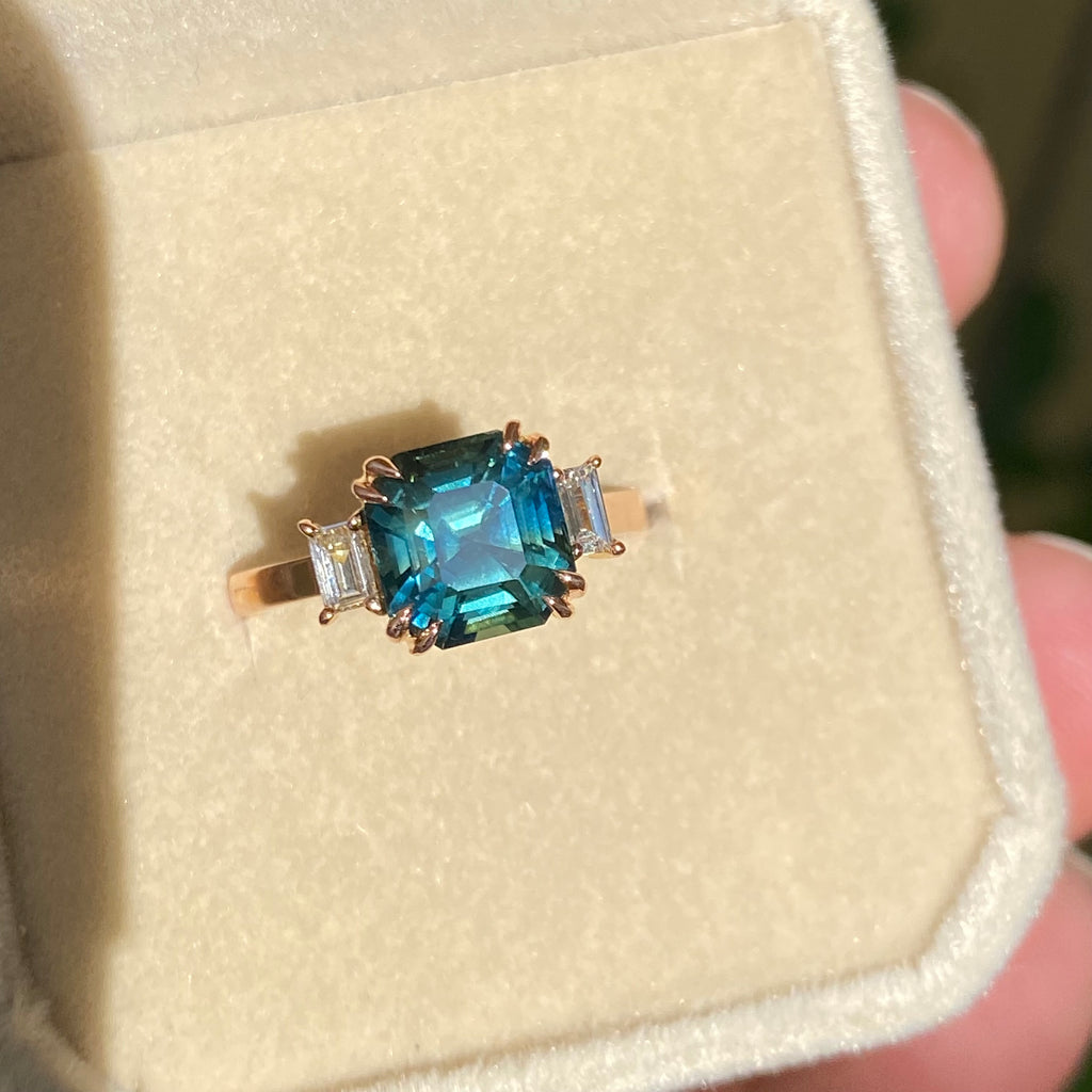 3 carat Teal Sapphire Engagement Ring 14K Rose Gold